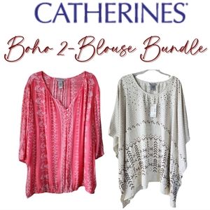 CATHERINE'S Boho 2-Blouse Bundle - Embellished Kimono - Boho Coral Popover 2X